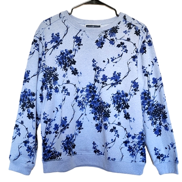 KAREN SCOTT SPORT Blue Floral Fleecy Sweatshirt Petite Large - Picture 1 of 4